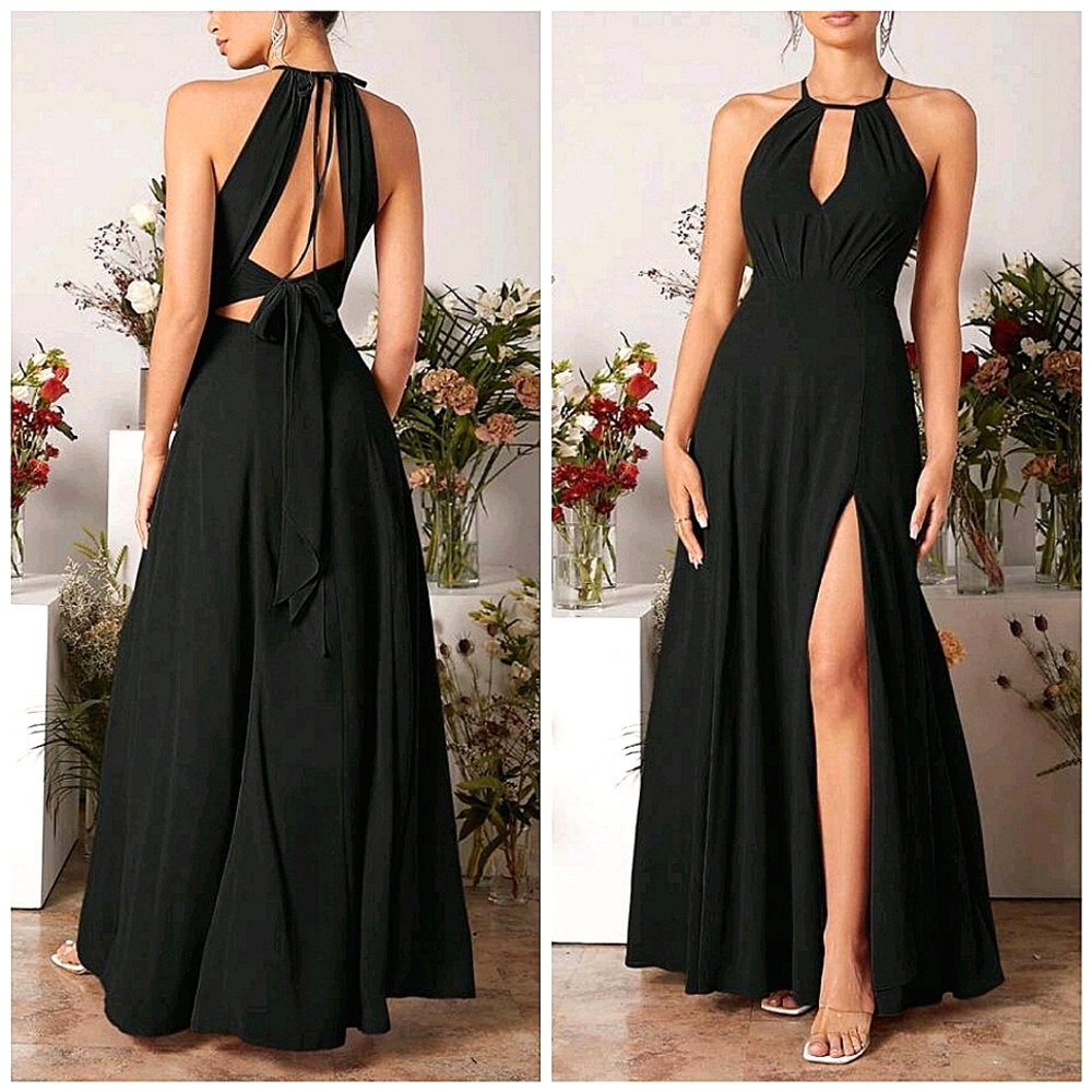 New Flowy Cut Out Tie Backless Halter Split Leg Maxi Dress Black